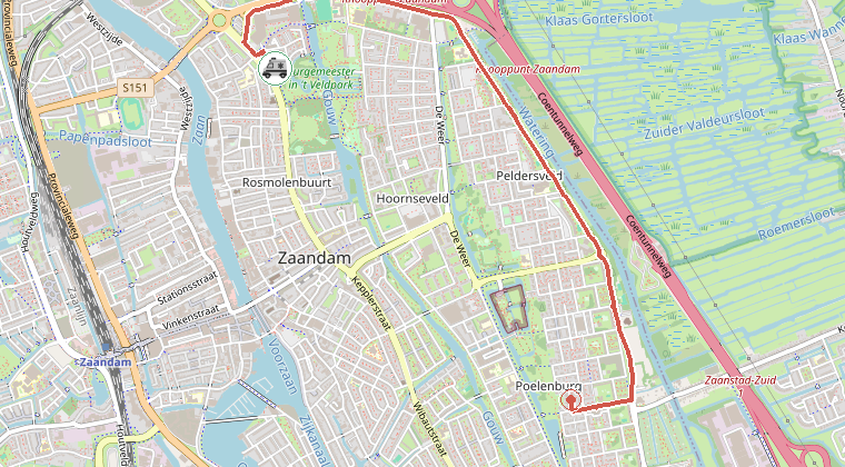 Kaart van de omgeving van de melding, met de kazerne die is gealarmeerd