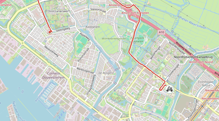 Kaart van de omgeving van de melding, met de kazerne die is gealarmeerd