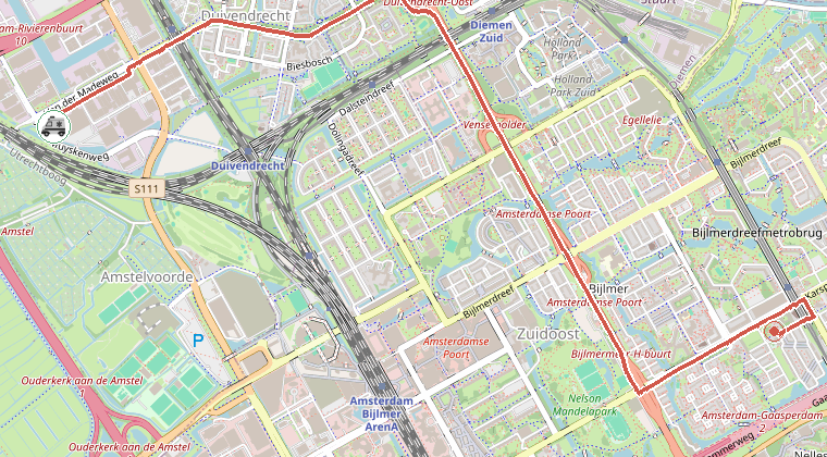 Kaart van de omgeving van de melding, met de kazerne die is gealarmeerd