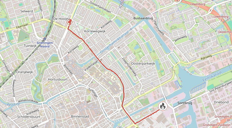 Kaart van de omgeving van de melding, met de kazerne die is gealarmeerd