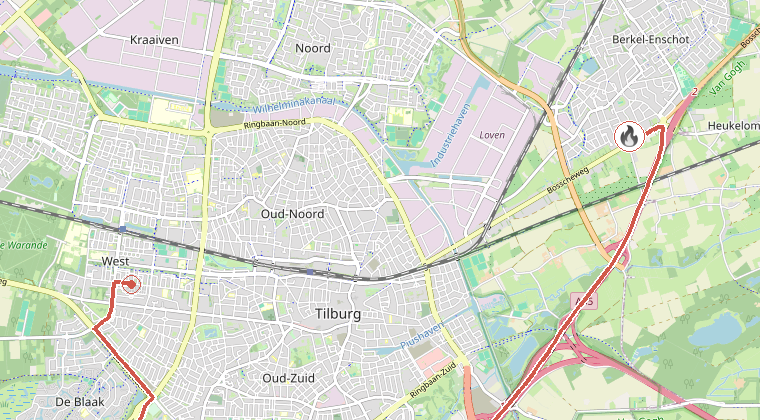 Kaart van de omgeving van de melding, met de kazerne die is gealarmeerd