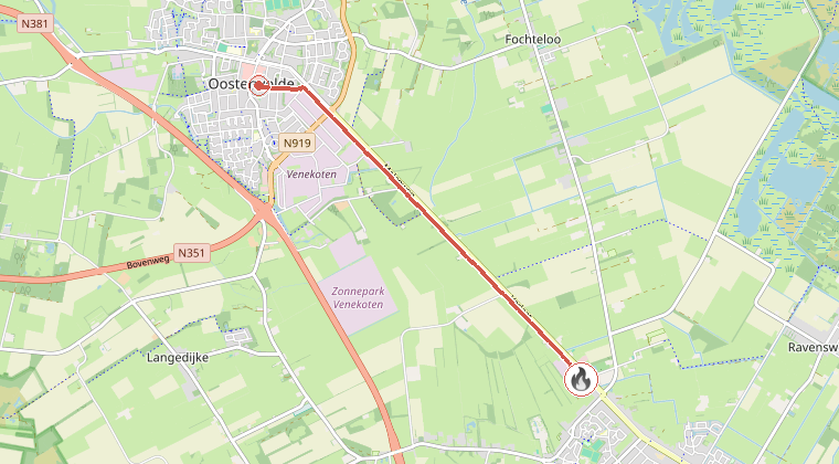 Kaart van de omgeving van de melding, met de kazerne die is gealarmeerd