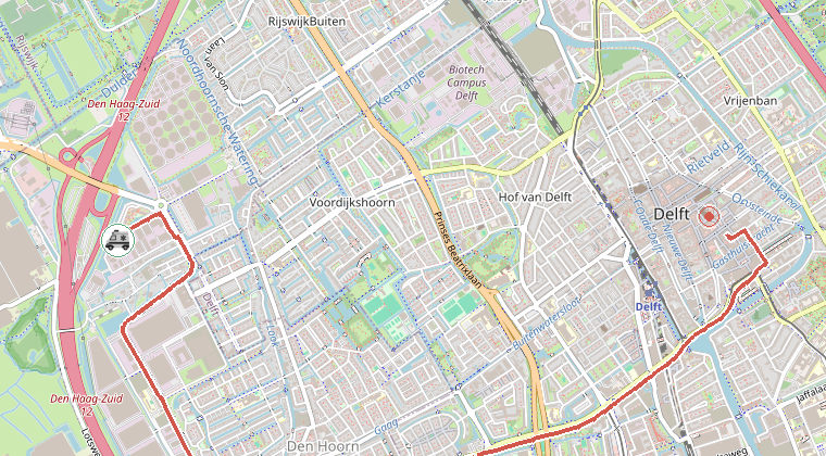 Kaart van de omgeving van de melding, met de kazerne die is gealarmeerd
