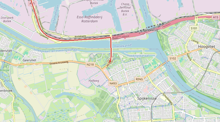 Kaart van de omgeving van de melding, met de kazerne die is gealarmeerd