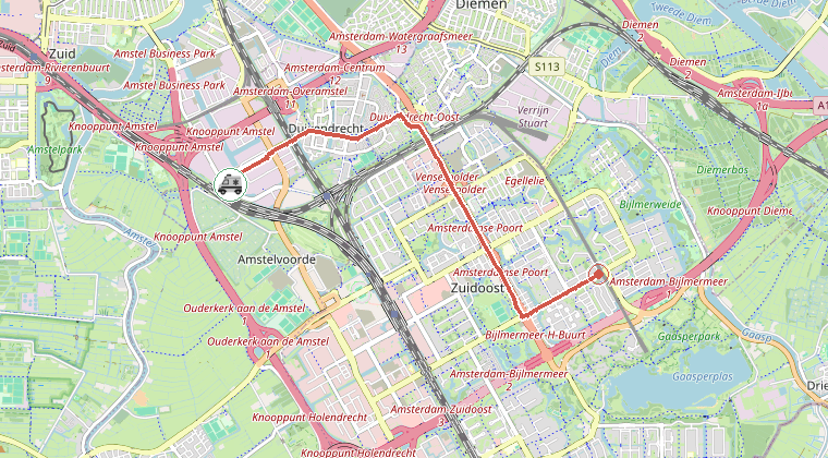 Kaart van de omgeving van de melding, met de kazerne die is gealarmeerd