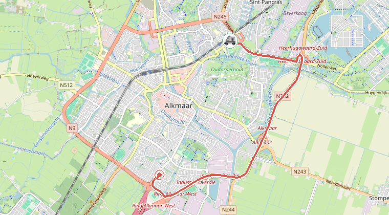 Kaart van de omgeving van de melding, met de kazerne die is gealarmeerd