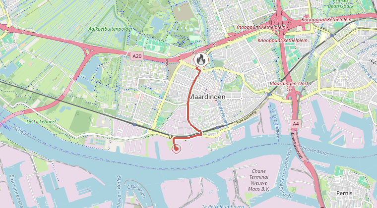 Kaart van de omgeving van de melding, met de kazerne die is gealarmeerd