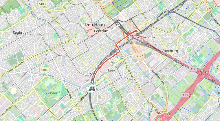 Kaart van de omgeving van de melding, met de kazerne die is gealarmeerd
