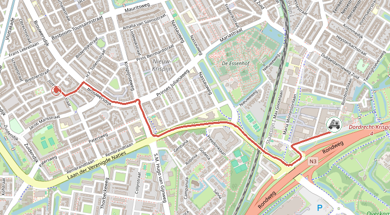 Kaart van de omgeving van de melding, met de kazerne die is gealarmeerd