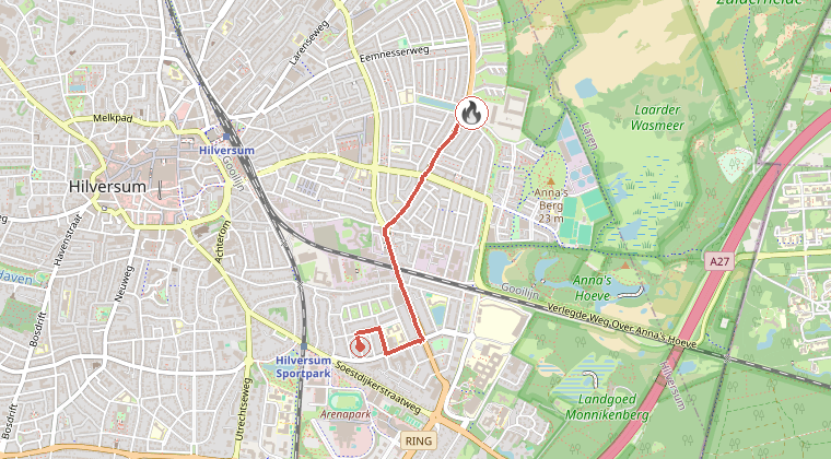 Kaart van de omgeving van de melding, met de kazerne die is gealarmeerd