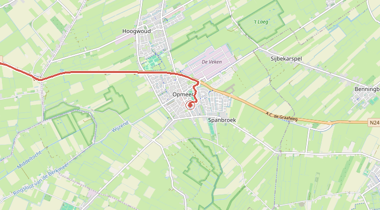 Kaart van de omgeving van de melding, met de kazerne die is gealarmeerd