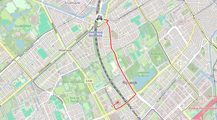 Kaart van de omgeving van de melding, met de kazerne die is gealarmeerd