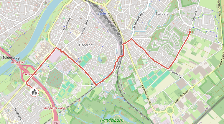 Kaart van de omgeving van de melding, met de kazerne die is gealarmeerd