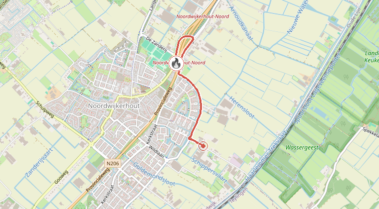 Kaart van de omgeving van de melding, met de kazerne die is gealarmeerd