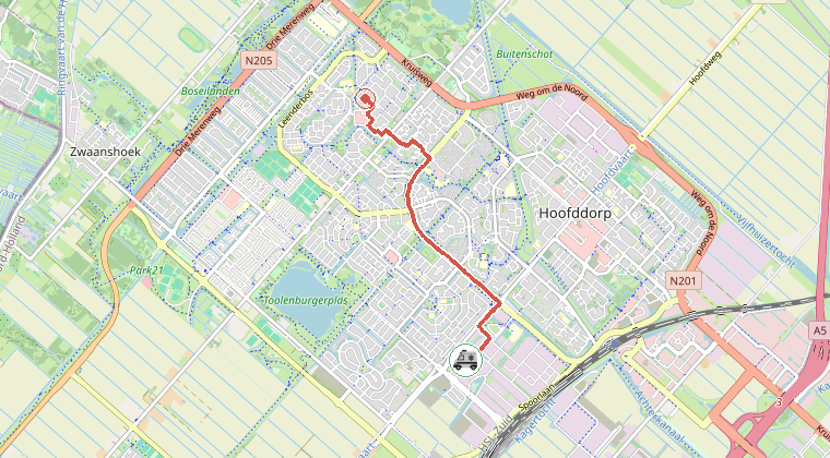 Kaart van de omgeving van de melding, met de kazerne die is gealarmeerd