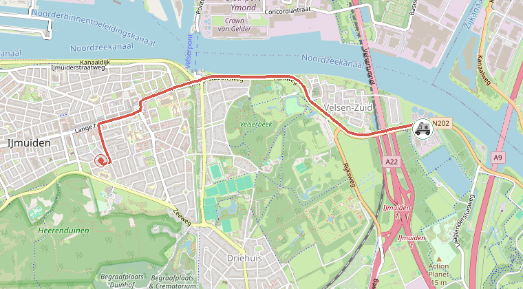 Kaart van de omgeving van de melding, met de kazerne die is gealarmeerd
