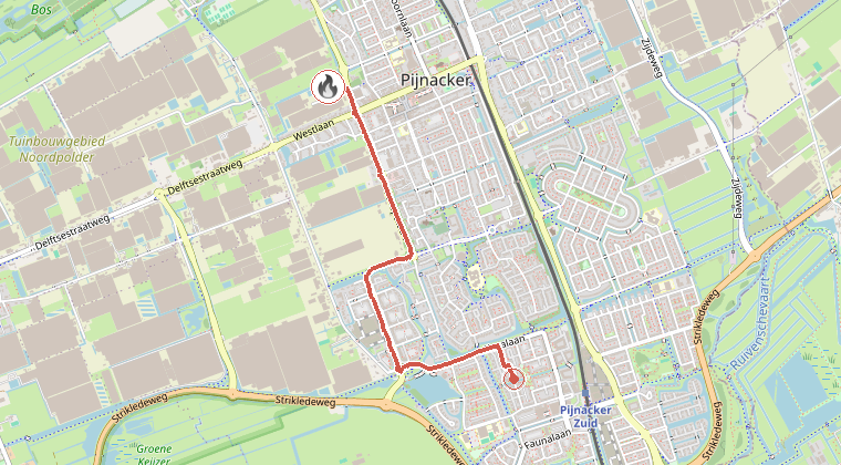 Kaart van de omgeving van de melding, met de kazerne die is gealarmeerd