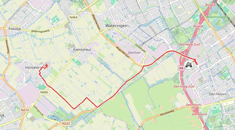 Kaart van de omgeving van de melding, met de kazerne die is gealarmeerd