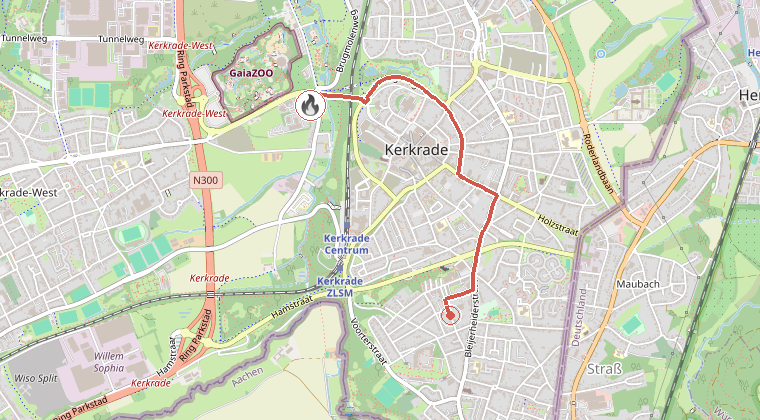 Kaart van de omgeving van de melding, met de kazerne die is gealarmeerd