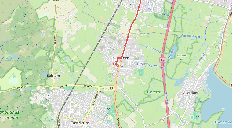 Kaart van de omgeving van de melding, met de kazerne die is gealarmeerd