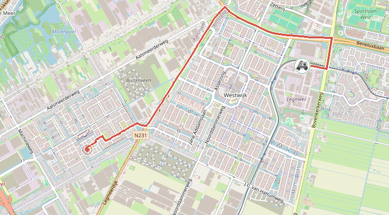 Kaart van de omgeving van de melding, met de kazerne die is gealarmeerd