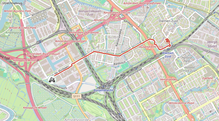 Kaart van de omgeving van de melding, met de kazerne die is gealarmeerd