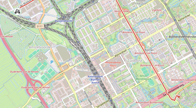 Kaart van de omgeving van de melding, met de kazerne die is gealarmeerd