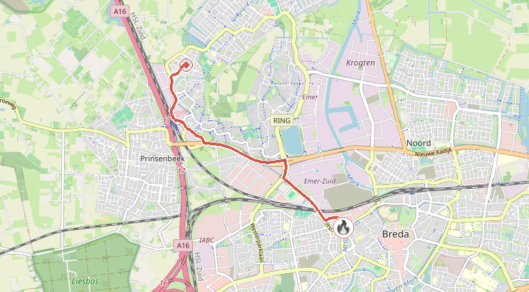 Kaart van de omgeving van de melding, met de kazerne die is gealarmeerd