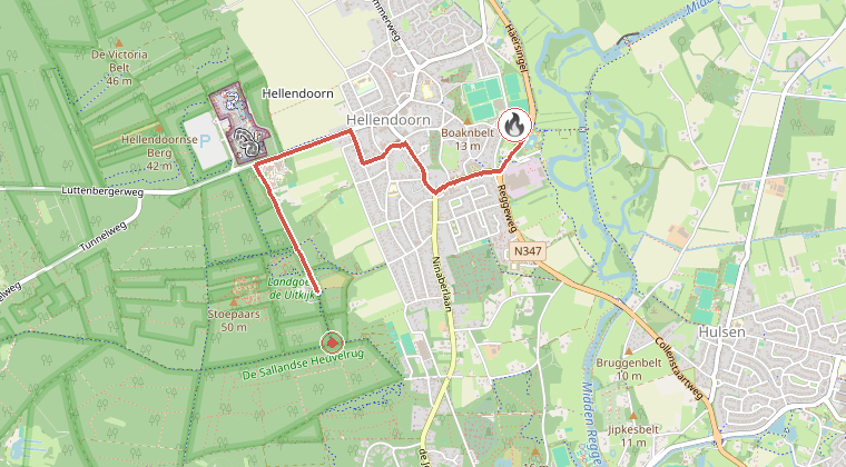 Kaart van de omgeving van de melding, met de kazerne die is gealarmeerd