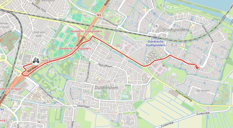 Kaart van de omgeving van de melding, met de kazerne die is gealarmeerd