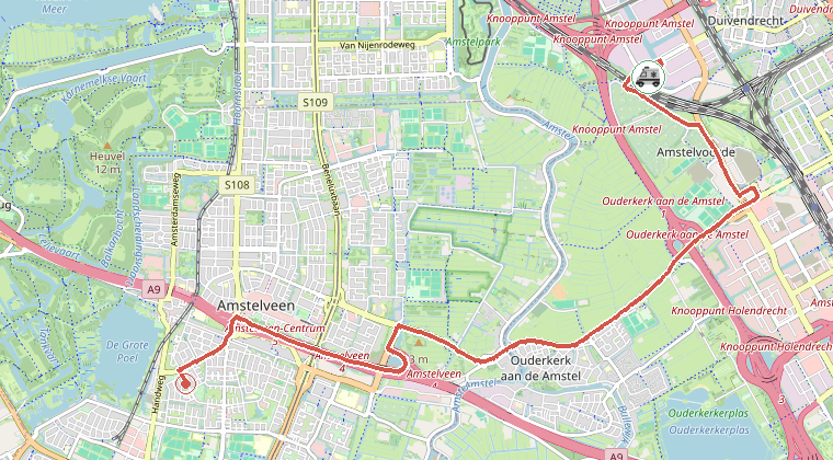 Kaart van de omgeving van de melding, met de kazerne die is gealarmeerd