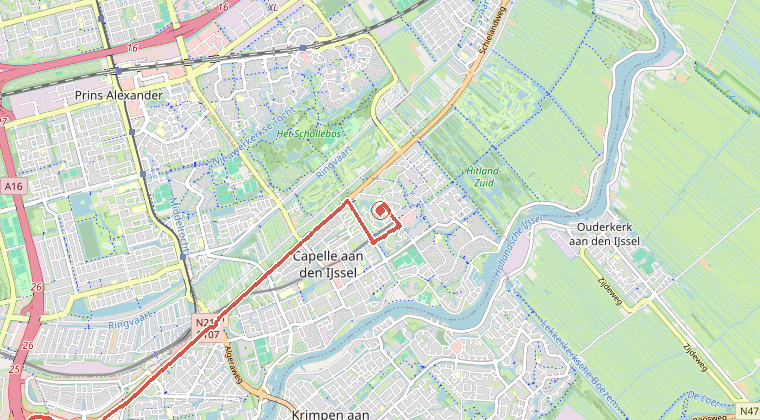 Kaart van de omgeving van de melding, met de kazerne die is gealarmeerd