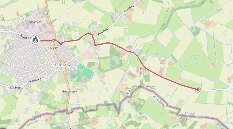 Kaart van de omgeving van de melding, met de kazerne die is gealarmeerd