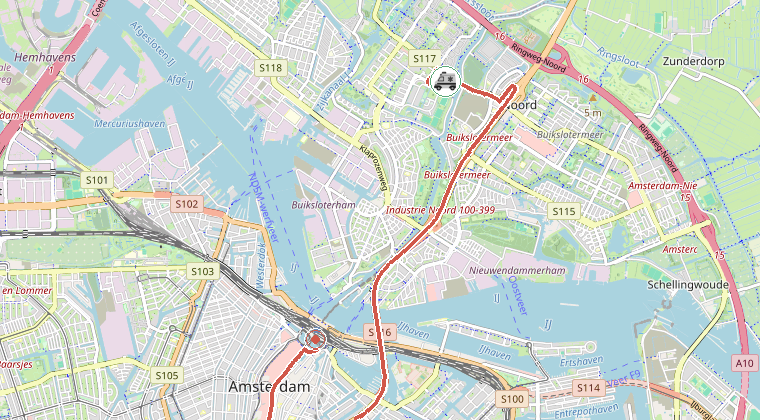 Kaart van de omgeving van de melding, met de kazerne die is gealarmeerd