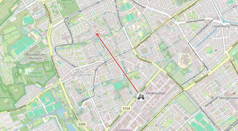Kaart van de omgeving van de melding, met de kazerne die is gealarmeerd