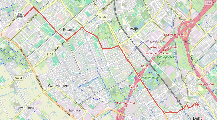 Kaart van de omgeving van de melding, met de kazerne die is gealarmeerd