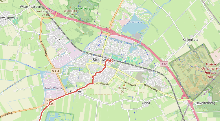 Kaart van de omgeving van de melding, met de kazerne die is gealarmeerd