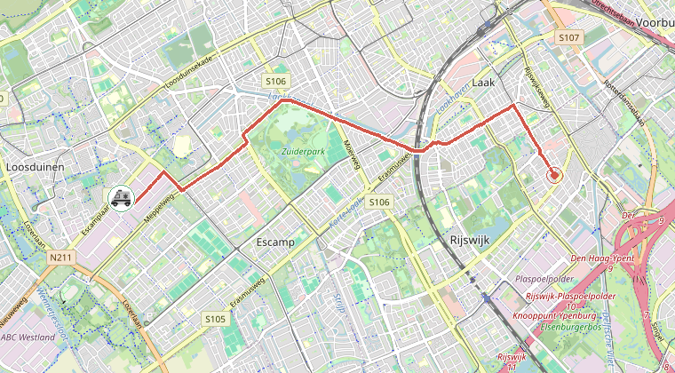 Kaart van de omgeving van de melding, met de kazerne die is gealarmeerd