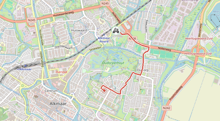 Kaart van de omgeving van de melding, met de kazerne die is gealarmeerd