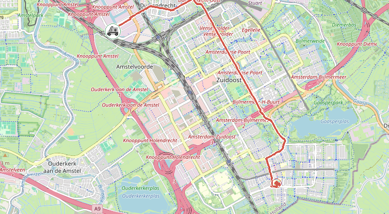 Kaart van de omgeving van de melding, met de kazerne die is gealarmeerd