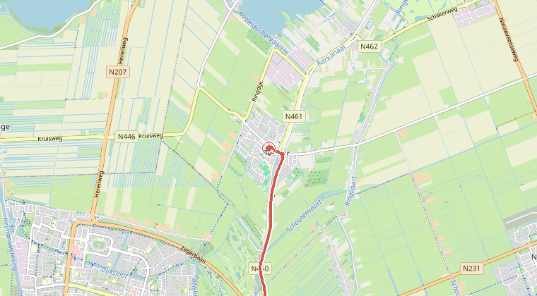 Kaart van de omgeving van de melding, met de kazerne die is gealarmeerd