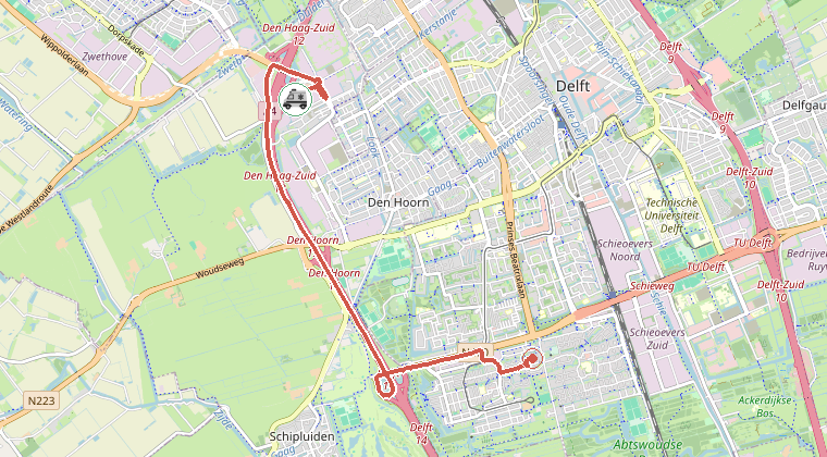 Kaart van de omgeving van de melding, met de kazerne die is gealarmeerd