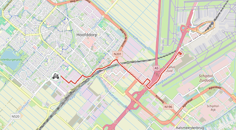 Kaart van de omgeving van de melding, met de kazerne die is gealarmeerd
