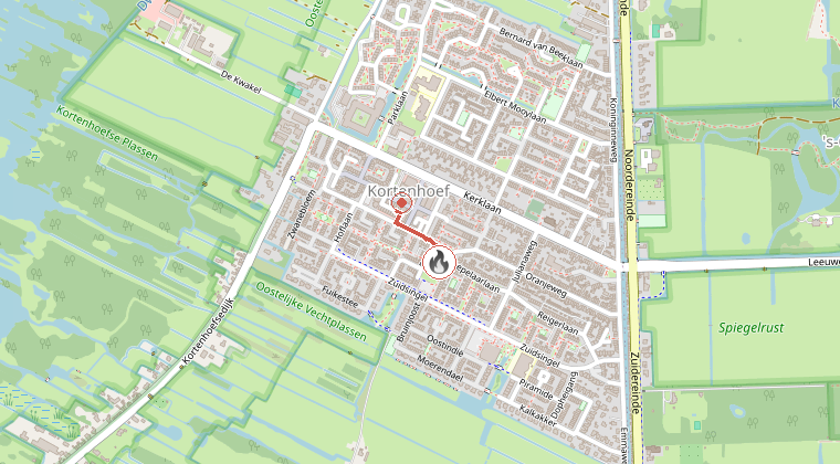Kaart van de omgeving van de melding, met de kazerne die is gealarmeerd