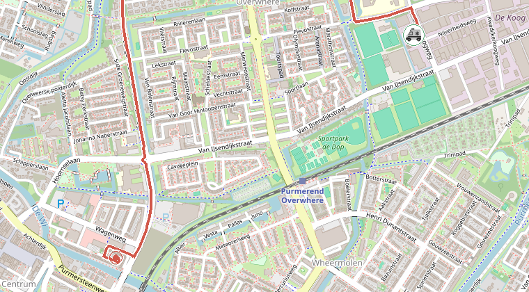 Kaart van de omgeving van de melding, met de kazerne die is gealarmeerd