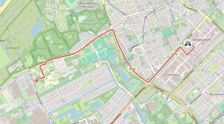 Kaart van de omgeving van de melding, met de kazerne die is gealarmeerd