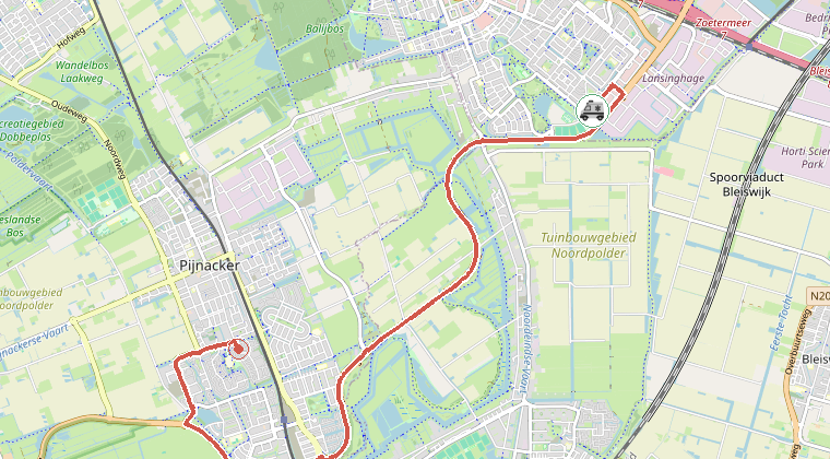 Kaart van de omgeving van de melding, met de kazerne die is gealarmeerd