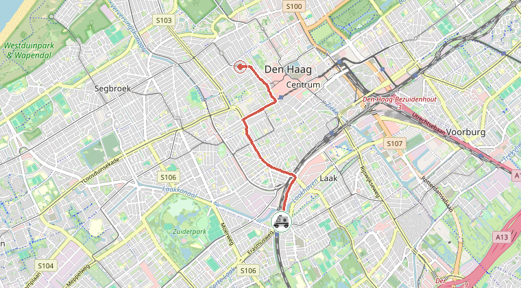 Kaart van de omgeving van de melding, met de kazerne die is gealarmeerd