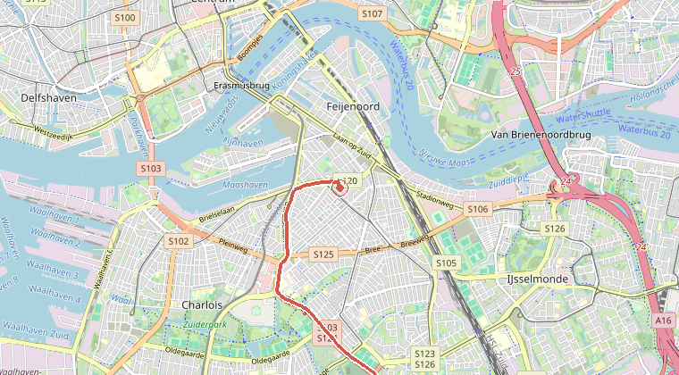Kaart van de omgeving van de melding, met de kazerne die is gealarmeerd