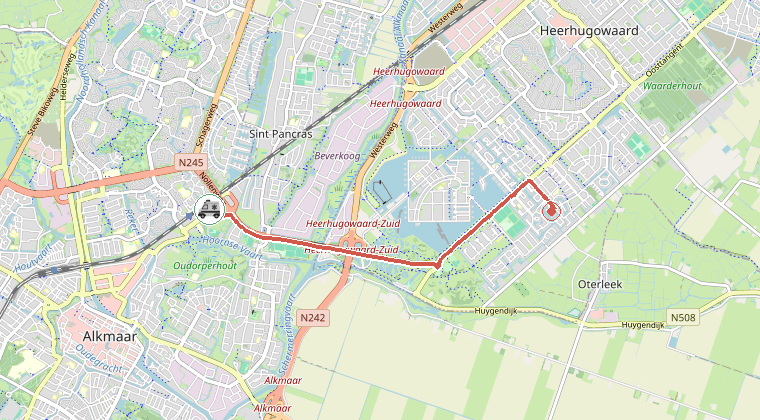 Kaart van de omgeving van de melding, met de kazerne die is gealarmeerd